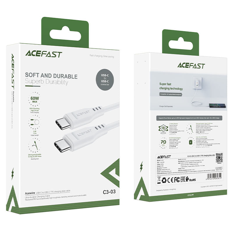 كابل شحن سريع أيس فاست (Acefast C3-03) من USB-C إلى USB-C بقوة 60 واط، يدعم PD، سلك TPE مرن ومتين بطول 1.2 متر لأجهزة الماك بوك والآيباد والهواتف الذكية - متوفر باللونين الأبيض والأسود كابل شحن سريع أيس فاست (Acefast C3-03) من USB-C إلى USB-C بقوة 60 واط، يدعم PD، سلك TPE مرن ومتين بطول 1.2 متر لأجهزة الماك بوك والآيباد والهواتف الذكية - متوفر باللونين الأبيض والأسود