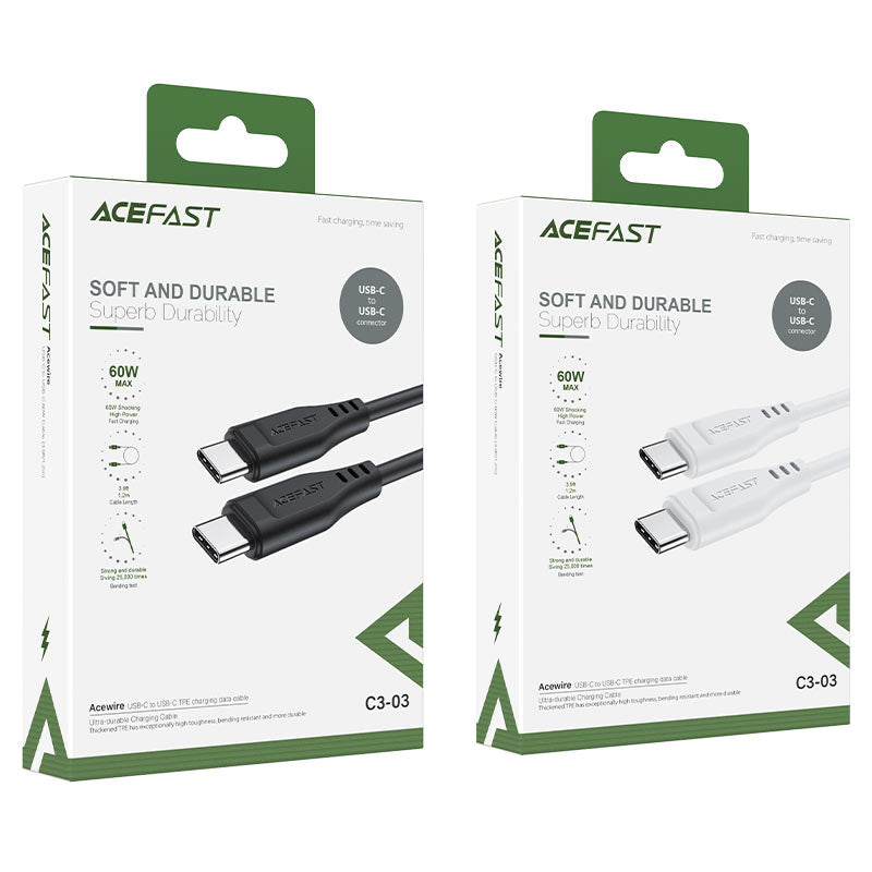 كابل شحن سريع أيس فاست (Acefast C3-03) من USB-C إلى USB-C بقوة 60 واط، يدعم PD، سلك TPE مرن ومتين بطول 1.2 متر لأجهزة الماك بوك والآيباد والهواتف الذكية - متوفر باللونين الأبيض والأسود كابل شحن سريع أيس فاست (Acefast C3-03) من USB-C إلى USB-C بقوة 60 واط، يدعم PD، سلك TPE مرن ومتين بطول 1.2 متر لأجهزة الماك بوك والآيباد والهواتف الذكية - متوفر باللونين الأبيض والأسود