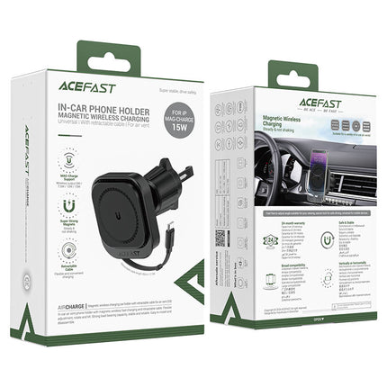 Acefast D32 Magnetic Wireless Car Charger 15W Fast Charge, MagSafe Compatible Phone Holder, 360° Rotation Secure Air Vent Mount - Black
