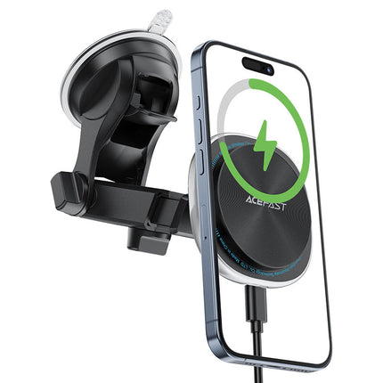 Acefast D42 Magnetic Wireless Car Charger 15W Fast Charge, MagSafe Compatible Phone Holder, 360° Rotation Dashboard & Windshield Suction Mount - Black
