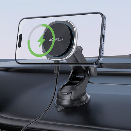 Acefast D42 Magnetic Wireless Car Charger 15W Fast Charge, MagSafe Compatible Phone Holder, 360° Rotation Dashboard & Windshield Suction Mount - Black
