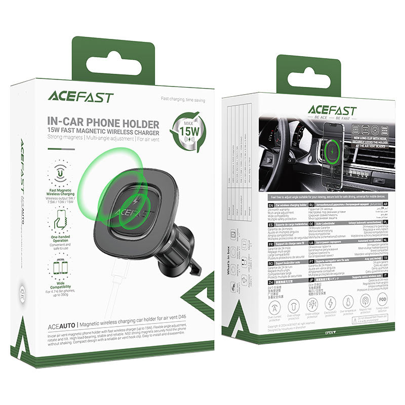 شاحن سيارة لاسلكي مغناطيسي أيس فاست (Acefast D46) بقوة 15 واط، متوافق مع MagSafe، دوران 360 درجة وتثبيت آمن على فتحة المكيف - أسود شاحن سيارة لاسلكي مغناطيسي أيس فاست (Acefast D46) بقوة 15 واط، متوافق مع MagSafe، دوران 360 درجة وتثبيت آمن على فتحة المكيف - أسود