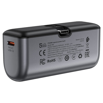 Acefast M9 Capsule Mini Power Bank 5000mAh, 20W PD Fast Charging, Built-in USB-C Connector, Ultra-Compact Portable Pocket Charger for iPhone 15/16 & Android - Purple