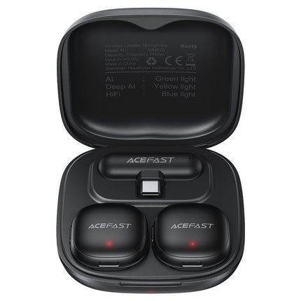 Acefast R1 Wireless Lavalier Microphone, Plug-and-Play Omnidirectional Mic with Smart Noise Reduction, 20m Stable Transmission for Vlogging & Content Creation - Black