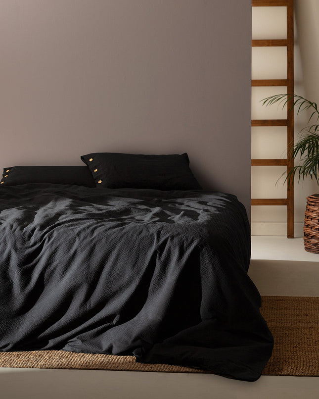 Linda King Size Seersucker Duvet Cover Set - Black