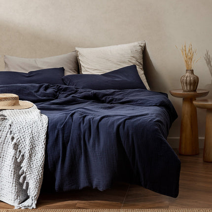 Marla 100% Cotton Muslin Double Duvet Cover Set Navy Blue