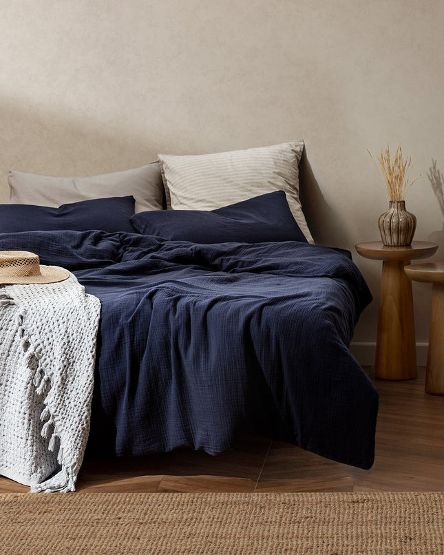 Marla 100% Cotton Muslin Double Duvet Cover Set Navy Blue