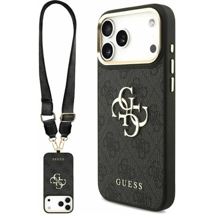 كفر جيس (Guess) طبعة 4G كلاسيك مع علاقة (Strap) كبيرة وأزرار معدنية للايفون 17 برو ماكس - أسود وبني