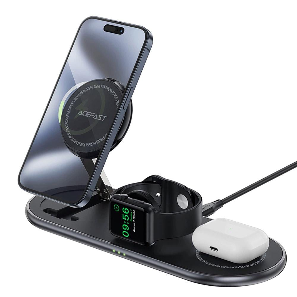 Acefast E15 3-in-1 Magnetic Wireless Charging Stand 15W Fast Charge, MagSafe Compatible Charging Station for iPhone, Apple Watch & AirPods - Black