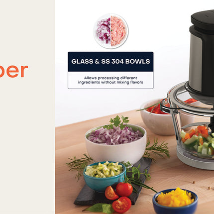 NC-CH2000 NutriCook  NutriCook 2+2 L XXXL Glass & SS Chopper and Mincer, 500W - Pulse & 2 speeds, 2-Removable 4 SS -Blade for Chopping, Ice Crushing, Meat Mincing, Grinding, Pureeing & more - Black, 2 Yr Warranty, NC-CH2000