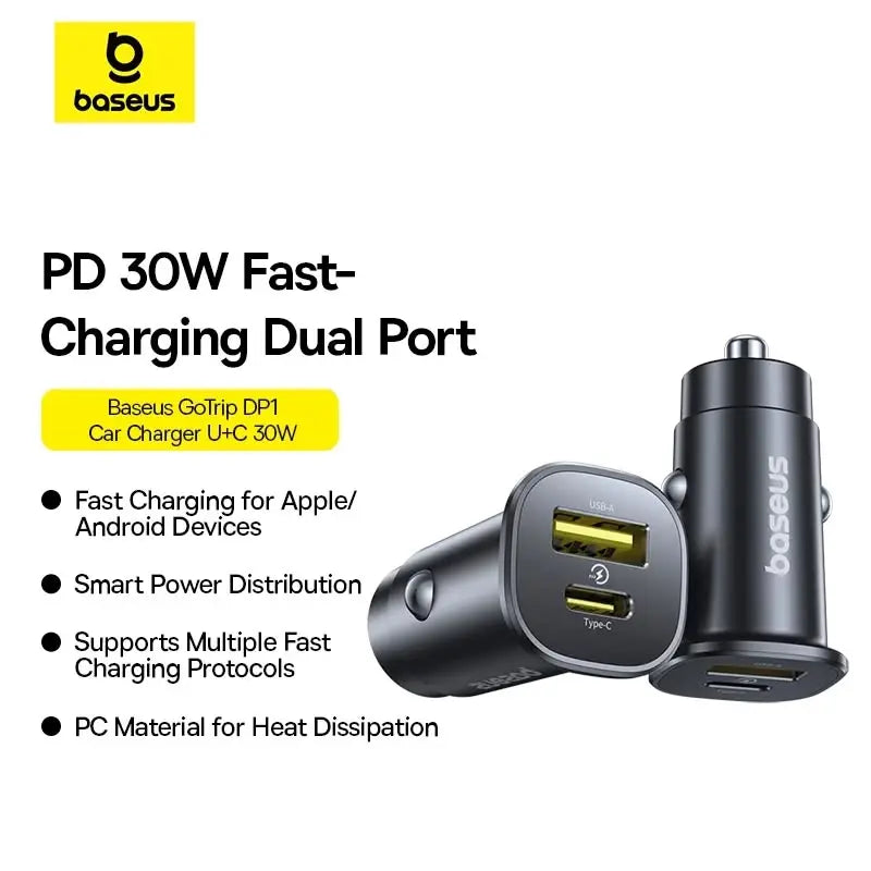 شاحن سيارة غوتريب (GoTrip) سريع بقدرة 30 واط - منفذ مزدوج USB-C و USB-A بتصميم مدمج شاحن سيارة غوتريب (GoTrip) سريع بقدرة 30 واط - منفذ مزدوج USB-C و USB-A بتصميم مدمج