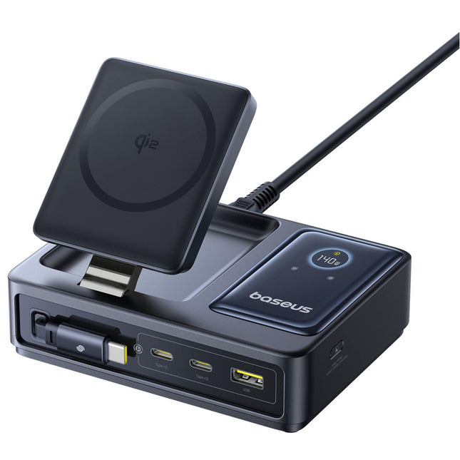 Baseus Nomos 5-in-1 Charging Station - 140W Ultra-High Power - Integrated Retractable USB-C Cable - MagSafe Compatible Wireless Charging - Dual USB-C & USB-A Ports - GaN Technology