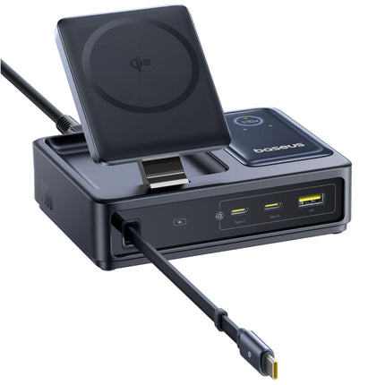 منصة شحن باسوس (Baseus Nomos) بقوة 140 واط - 5 في 1 - كابل USB-C مدمج قابل للسحب - شحن لاسلكي مغناطيسي - تقنية GaN المتطورة