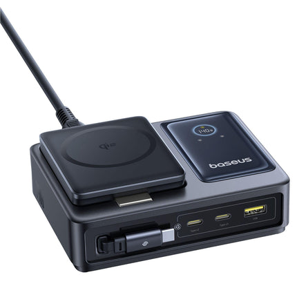 منصة شحن باسوس (Baseus Nomos) بقوة 140 واط - 5 في 1 - كابل USB-C مدمج قابل للسحب - شحن لاسلكي مغناطيسي - تقنية GaN المتطورة