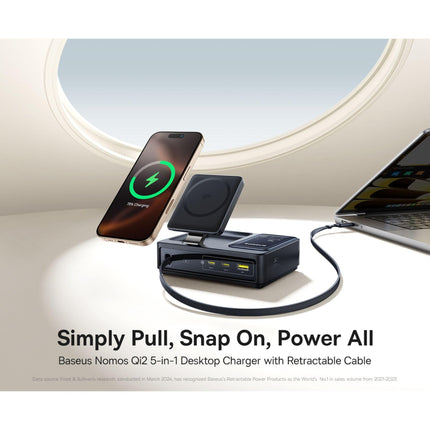 منصة شحن باسوس (Baseus Nomos) بقوة 140 واط - 5 في 1 - كابل USB-C مدمج قابل للسحب - شحن لاسلكي مغناطيسي - تقنية GaN المتطورة