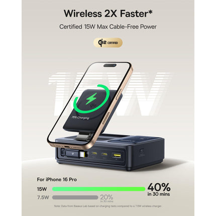 منصة شحن باسوس (Baseus Nomos) بقوة 140 واط - 5 في 1 - كابل USB-C مدمج قابل للسحب - شحن لاسلكي مغناطيسي - تقنية GaN المتطورة