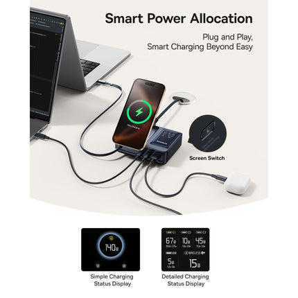 منصة شحن باسوس (Baseus Nomos) بقوة 140 واط - 5 في 1 - كابل USB-C مدمج قابل للسحب - شحن لاسلكي مغناطيسي - تقنية GaN المتطورة