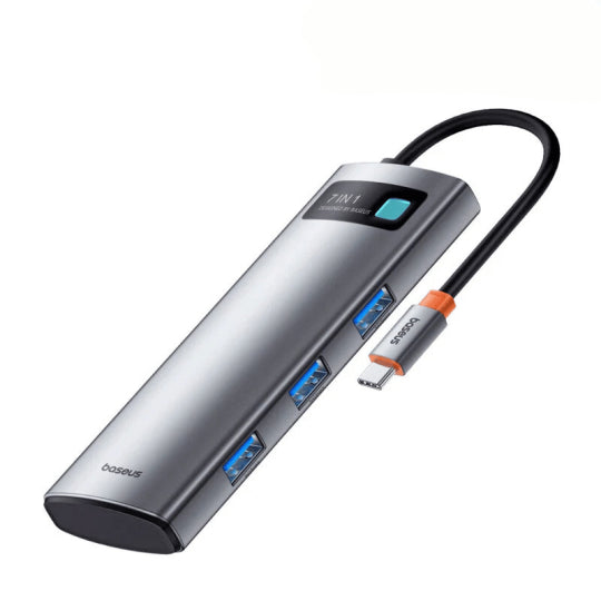 موزع منافذ باسوس ميتال جليم (Baseus Metal Gleam Series II) نظام 7 في 1 - مخرج HDMI دقة 4K بتردد 60Hz - شحن سريع 100 واط PD - قارئ بطاقات SD/TF - هيكل من سبائك الألومنيوم