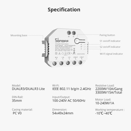 DualR3 SONOFF DUALR3/DUALR3 Lite Dual Relay Two Way Power Metering Smart Switch