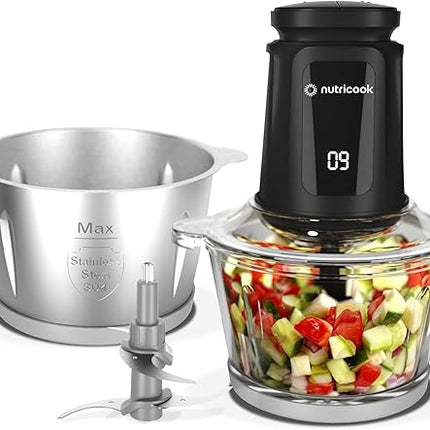 NC-CH2000 NutriCook  NutriCook 2+2 L XXXL Glass & SS Chopper and Mincer, 500W - Pulse & 2 speeds, 2-Removable 4 SS -Blade for Chopping, Ice Crushing, Meat Mincing, Grinding, Pureeing & more - Black, 2 Yr Warranty, NC-CH2000