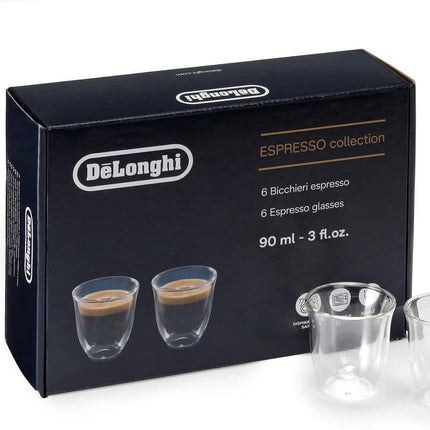 15.12.10.0010DelonghiDe'Longhi Espresso Collection, 90 ml Set of 6 Double Wall Glasses, Hand-Blown Borosilicate Glass, Thermal Properties, Condensation-Free, Dishwasher Safe DLSC300