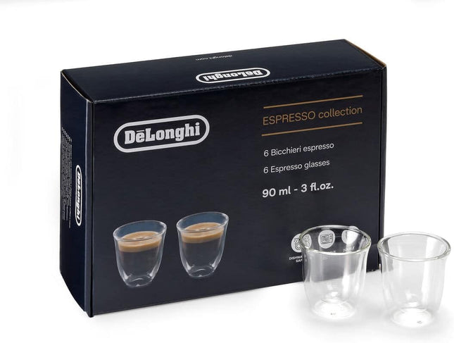 15.12.10.0010DelonghiDe'Longhi Espresso Collection, 90 ml Set of 6 Double Wall Glasses, Hand-Blown Borosilicate Glass, Thermal Properties, Condensation-Free, Dishwasher Safe DLSC300