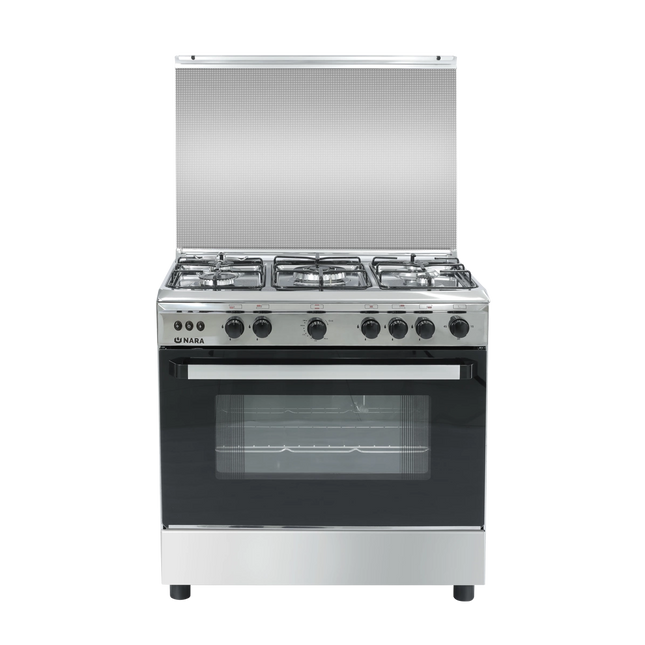10.23.40.0006NaraNara Gas Cooker 80 cm Double Glass Black Door Glossy Stainless Steel Wide Enameled Iron Grids