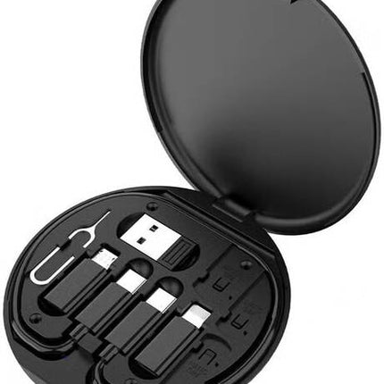 Lenyes 6-in-1 Multifunction Data Cable Storage Box - 60W PD Fast Charging - Type-C to Type-C Cable with Multiple Adapters - Built-in Phone Stand - SIM Card & Ejector Pin Slots - Black