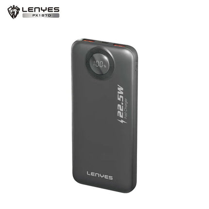 Lenyes PX187D Pocket Size Fast Charging Power Bank - 10000mAh - 22.5W Super Fast Output - PD 20W Quick Charge - Dual USB and Type-C Ports - LED Digital Display - Black