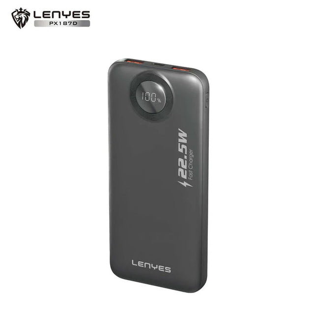 Lenyes PX187D Pocket Size Fast Charging Power Bank - 10000mAh - 22.5W Super Fast Output - PD 20W Quick Charge - Dual USB and Type-C Ports - LED Digital Display - Black