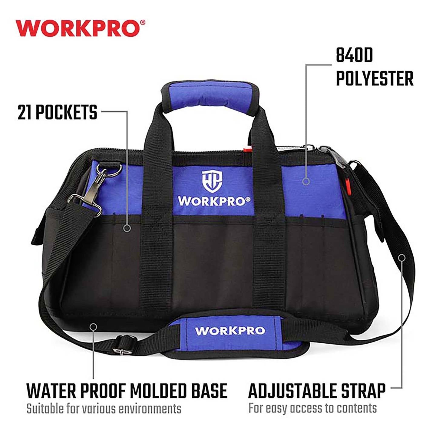 حقيبة تخزين أدوات WORKPRO بسحاب علوي وفم واسع 20 بوصة مع قاعدة مقاومة للماء حقيبة تخزين أدوات WORKPRO بسحاب علوي وفم واسع 20 بوصة مع قاعدة مقاومة للماء