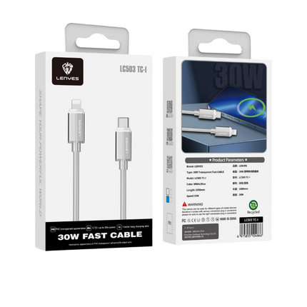 كابل شحن سريع Lenyes LC503TC-TC USB-C إلى USB-C مصنوع من سبائك الألومنيوم الشفاف بقوة 60 وات