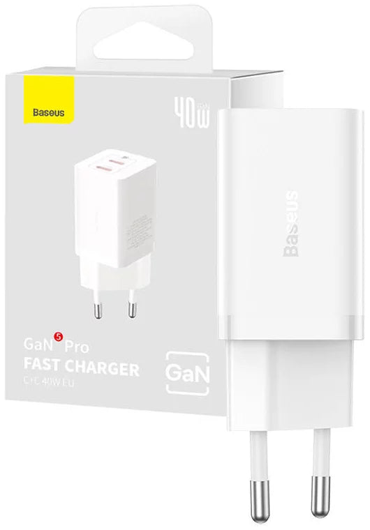 Baseus GaN5 Pro 40W Dual USB-C Wall Charger - Fast Charging Station - PD 3.0 & QC 3.0 Support - Compact Gallium Nitride Technology - Intelligent Power Split - Multi-Device Compatibility for iPhone, MacBook, and Samsung Baseus GaN5 Pro 40W Dual USB-C Wall Charger - Fast Charging Station - PD 3.0 & QC 3.0 Support - Compact Gallium Nitride Technology - Intelligent Power Split - Multi-Device Compatibility for iPhone, MacBook, and Samsung