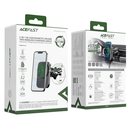 Acefast D18 Magnetic Wireless Car Charger 15W, MagSafe Compatible Fast Charging, 360° Rotation Auto-Alignment Phone Holder for Air Vent - Black