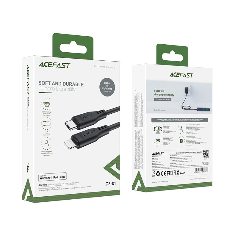 كابل شحن سريع أيس فاست (Acefast C3-01) معتمد من أبل (MFi) من USB-C إلى Lightning، بقوة 30 واط، مصنوع من سبائك الزنك والنايلون المجدول بطول 1.2 متر - متوفر باللونين الأبيض والأسود