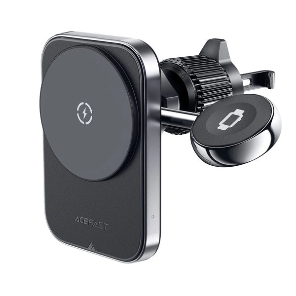 شاحن سيارة لاسلكي مغناطيسي أيس فاست (Acefast D18) بقوة 15 واط، متوافق مع MagSafe، دوران 360 درجة مع ملقط مكيف آمن ونظام حماية ذكي - أسود