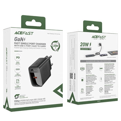 Acefast A82 GaN PD 20W Fast Wall Charger, USB-C Power Delivery, High-Efficiency Compact Adapter & Safety Protection - Black (EU Plug)
