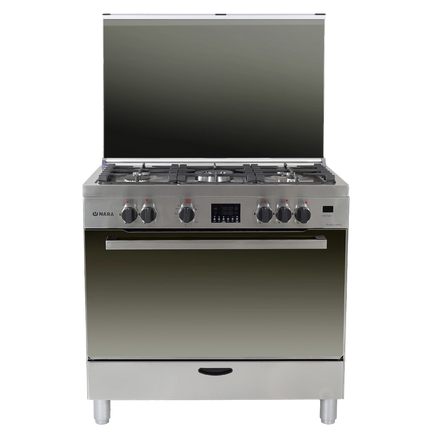 Nara Gas Cooker 90x60 cm - 5 Gas Burners - Matt Stainless Steel - Cast Iron Pan Support - Double Oven Fans - Full Safety - Digital Timer