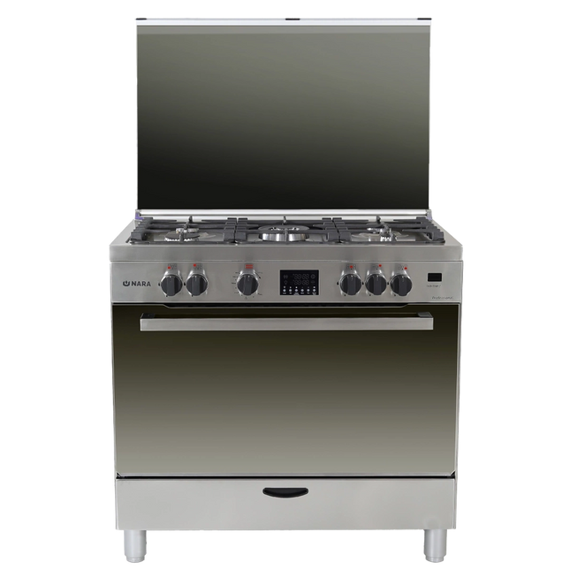Nara Gas Cooker 90x60 cm - 5 Gas Burners - Matt Stainless Steel - Cast Iron Pan Support - Double Oven Fans - Full Safety - Digital Timer