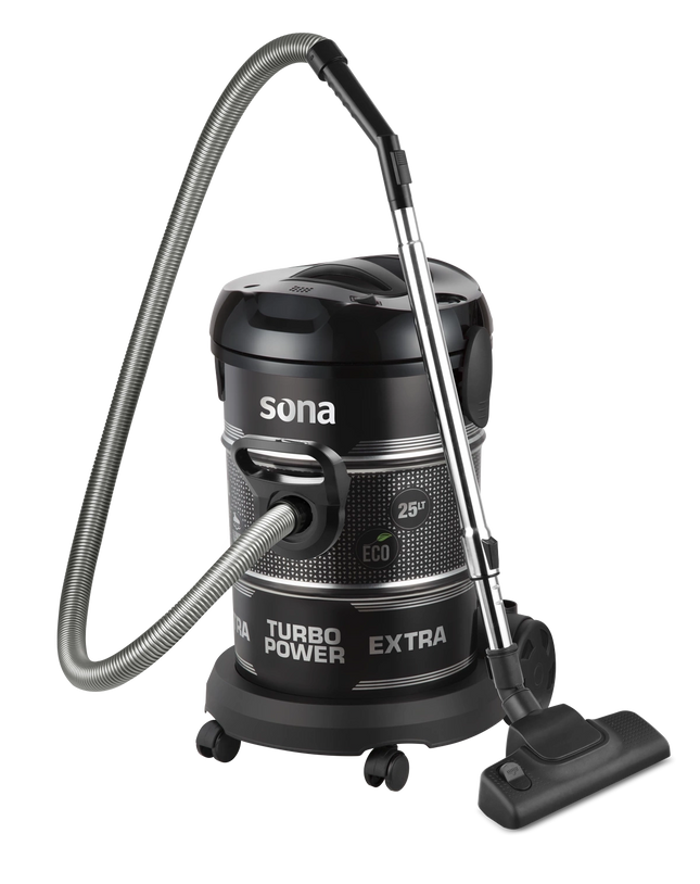 مكنسة سونا (Sona) برميل بقوة 2400 واط مع خاصية طرد الهواء (Blower)، خزان معدني سعة 25 لتر ونظام فلترة متعدد المراحل - أحمر/أسود