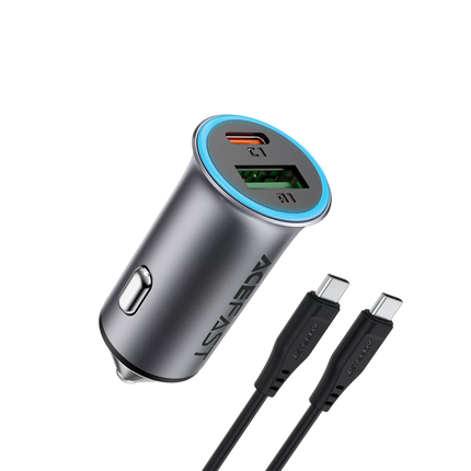 Acefast B8 95W Dual Port Car Charger Kit, Includes 1.2m 100W USB-C to USB-C Cable, 65W PD Laptop Charge + 30W USB-A QC3.0, Zinc Alloy Fast Car Adapter - Black