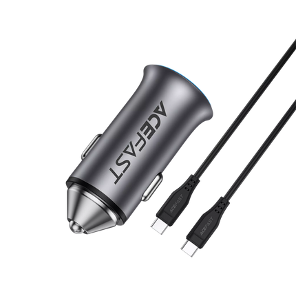 Acefast B8 95W Dual Port Car Charger Kit, Includes 1.2m 100W USB-C to USB-C Cable, 65W PD Laptop Charge + 30W USB-A QC3.0, Zinc Alloy Fast Car Adapter - Black