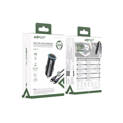 Acefast B8 95W Dual Port Car Charger Kit, Includes 1.2m 100W USB-C to USB-C Cable, 65W PD Laptop Charge + 30W USB-A QC3.0, Zinc Alloy Fast Car Adapter - Black