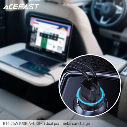 Acefast B8 95W Dual Port Metal Car Charger (USB-C 65W + USB-A 30W), PD3.0/QC3.0 Fast Charging Adapter for Laptops, MacBooks, iPhone, and Samsung - Black