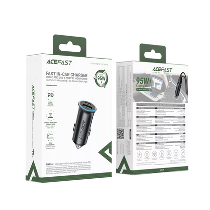 Acefast B8 95W Dual Port Metal Car Charger (USB-C 65W + USB-A 30W), PD3.0/QC3.0 Fast Charging Adapter for Laptops, MacBooks, iPhone, and Samsung - Black