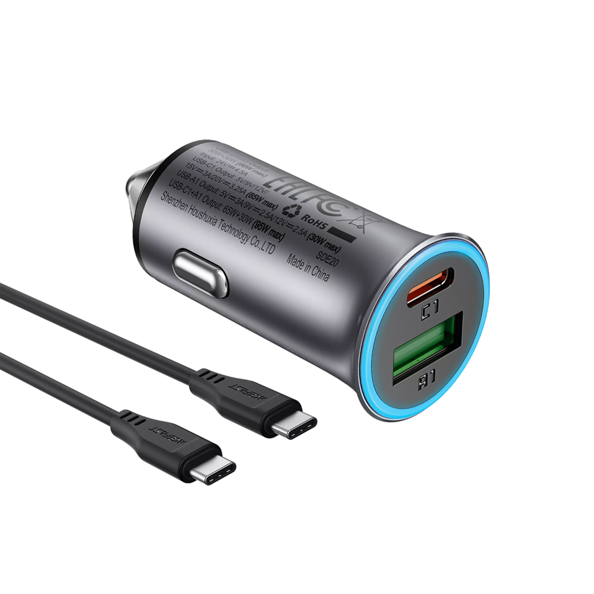 Acefast B8 95W Dual Port Car Charger Kit, Includes 1.2m 100W USB-C to USB-C Cable, 65W PD Laptop Charge + 30W USB-A QC3.0, Zinc Alloy Fast Car Adapter - Black