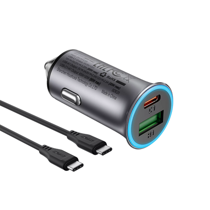 Acefast B8 95W Dual Port Car Charger Kit, Includes 1.2m 100W USB-C to USB-C Cable, 65W PD Laptop Charge + 30W USB-A QC3.0, Zinc Alloy Fast Car Adapter - Black