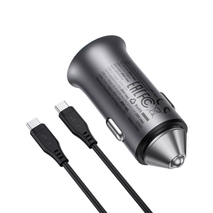 Acefast B8 95W Dual Port Car Charger Kit, Includes 1.2m 100W USB-C to USB-C Cable, 65W PD Laptop Charge + 30W USB-A QC3.0, Zinc Alloy Fast Car Adapter - Black