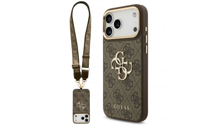 كفر جيس (Guess) طبعة 4G كلاسيك مع علاقة (Strap) كبيرة وأزرار معدنية للايفون 17 برو ماكس - أسود وبني