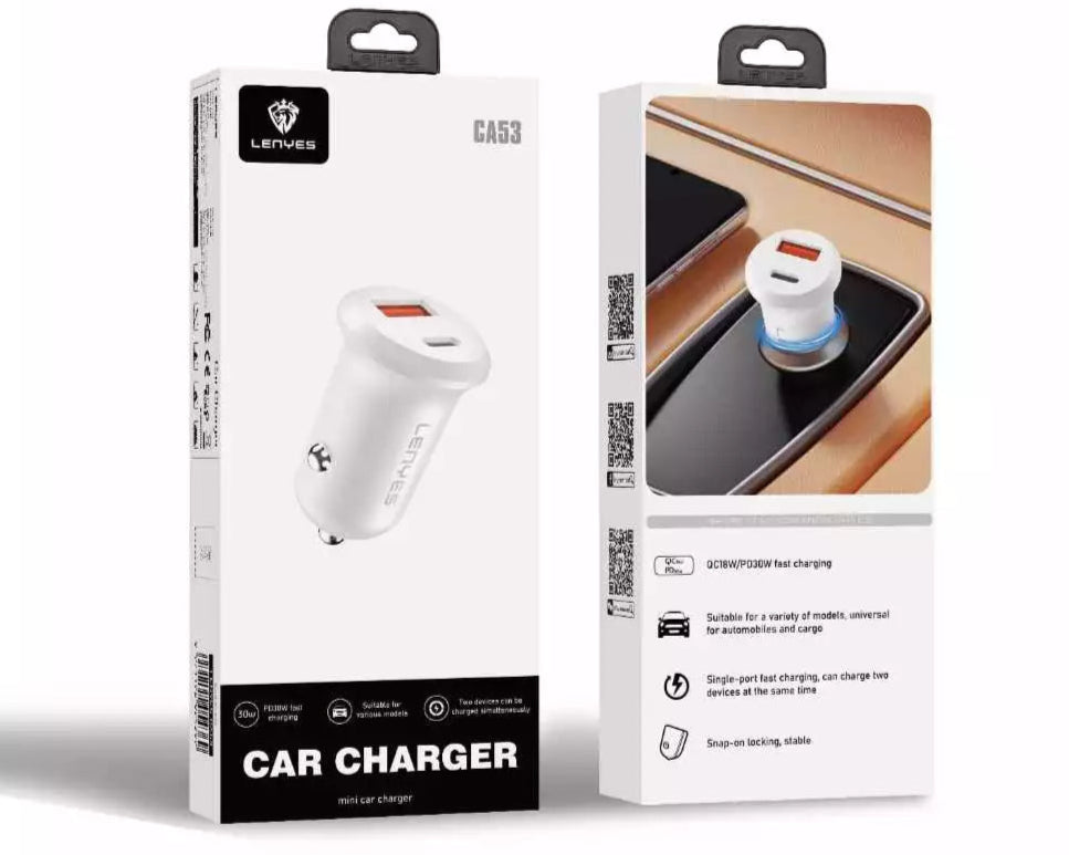 شاحن سيارة صغير من لينيس CA53 PD30W -لون أبيض شاحن سيارة صغير من لينيس CA53 PD30W -لون أبيض